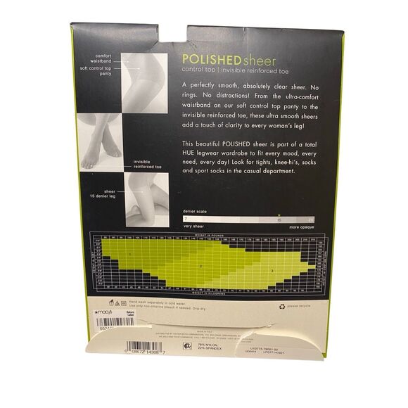Hue Polished Sheer Control Top Pantyhose Black Size 3 Invisible Reinforced Toe - Picture 2 of 4